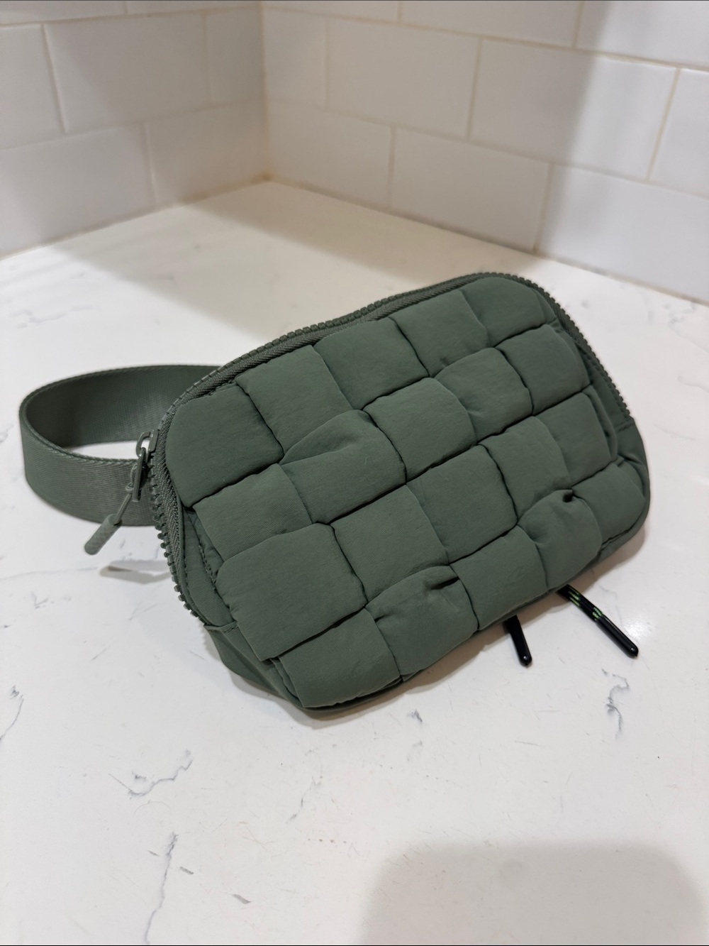 Woven Quilted Belt Bag in Olive NEW